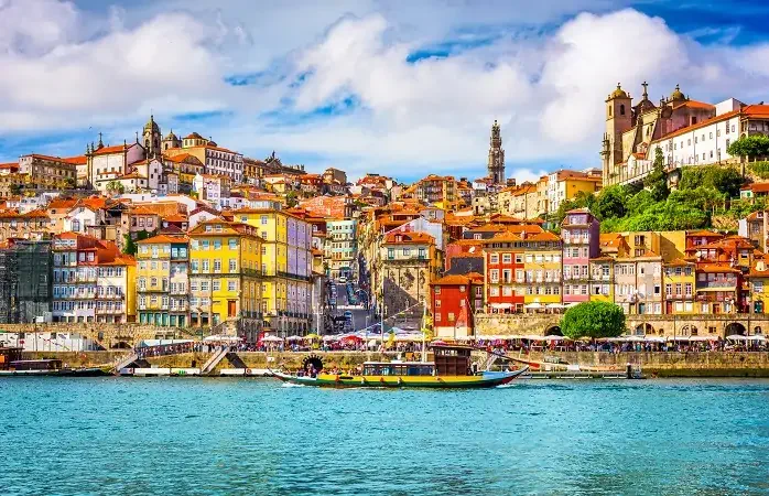 Porto, Portugal old town skyline from across the Douro River.